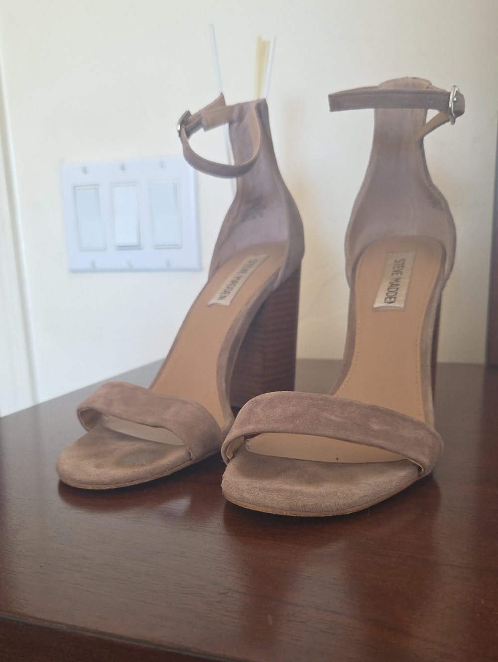 Steve Madden Taupe Suede Ankle-Strap Block Heels